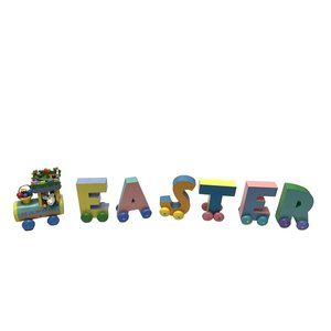 New Wooden Block Train 7 Pieces Holiday Workshop Sue Dreamer Hand Painted Easter